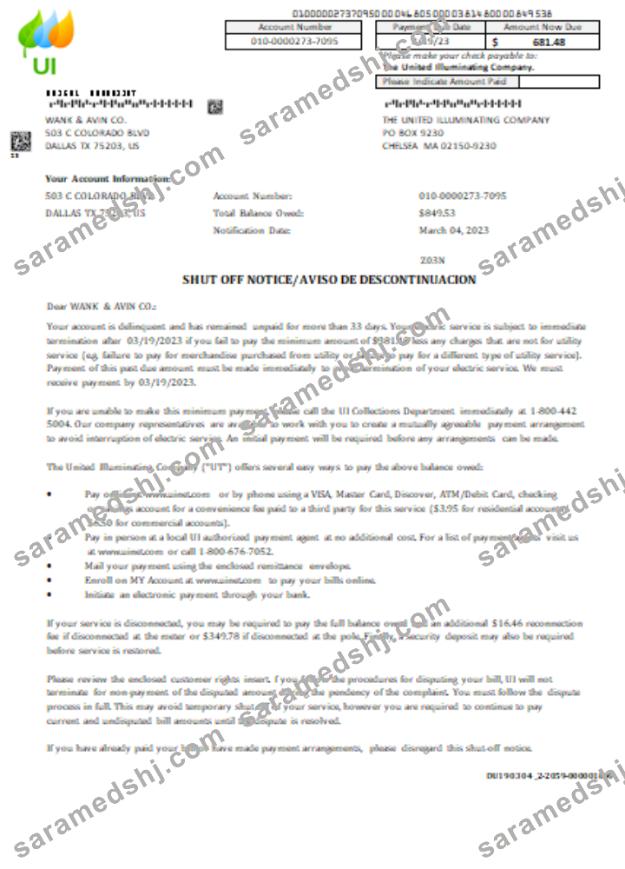 Massachusetts Chelsea SCG The United Illuminating Company shut off notice business bill, SCR